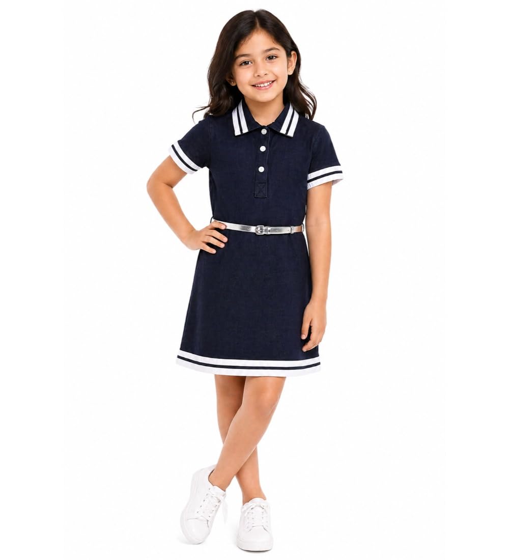 Girl's Denim Blended Ribbed Elasticated Dress with Belt (Navy Blue-White, 2-3-Yrs)-PID66007