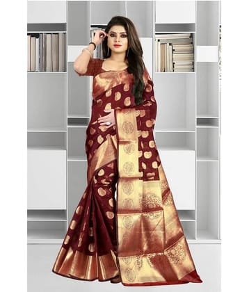 Gazal Fashions Banarasi Silk Printed Saree With Unstitched Blouse Piece ( Maroon )