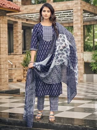 Blue Ethnic Motifs Printed Round Neck Kurta Set-S
