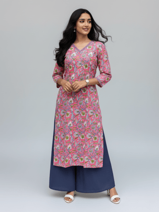 Rivaaj Ethnic Ganga Straight Kurta (Size L) | Pink Pure Cotton Fabric | V-Neck with 3/4 Sleeves | Traditional & Casual