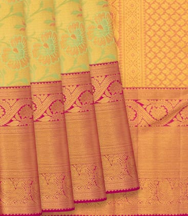Gold Handwoven Kanchipuram Tissue Silk Saree With Floral Vine Motifs & Evening Morning Zari Border-Gold-Gold