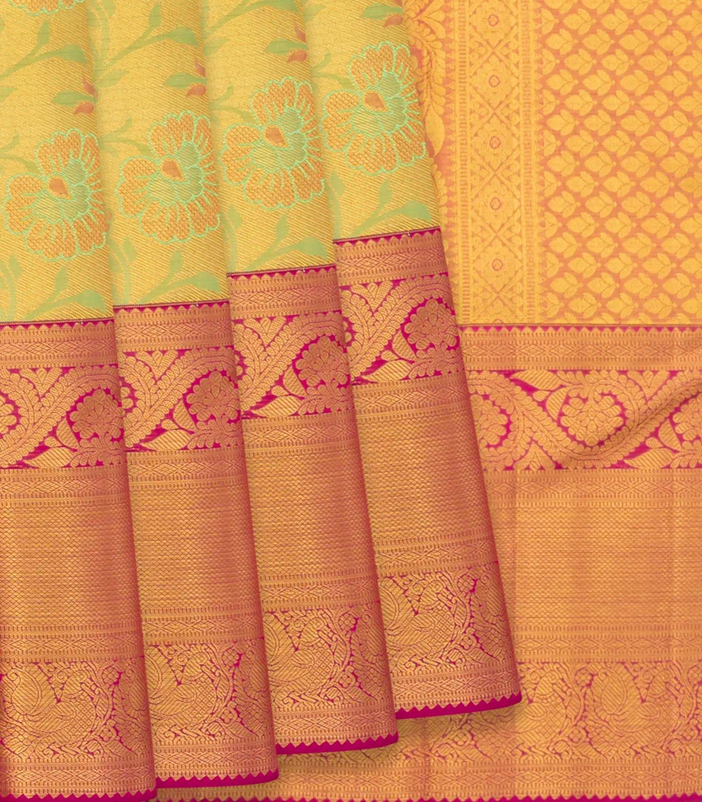 Gold Handwoven Kanchipuram Tissue Silk Saree With Floral Vine Motifs & Evening Morning Zari Border-Gold-Gold