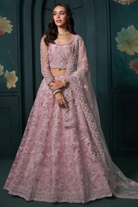 Pink Semi Stitched Embroidered Net Lehenga