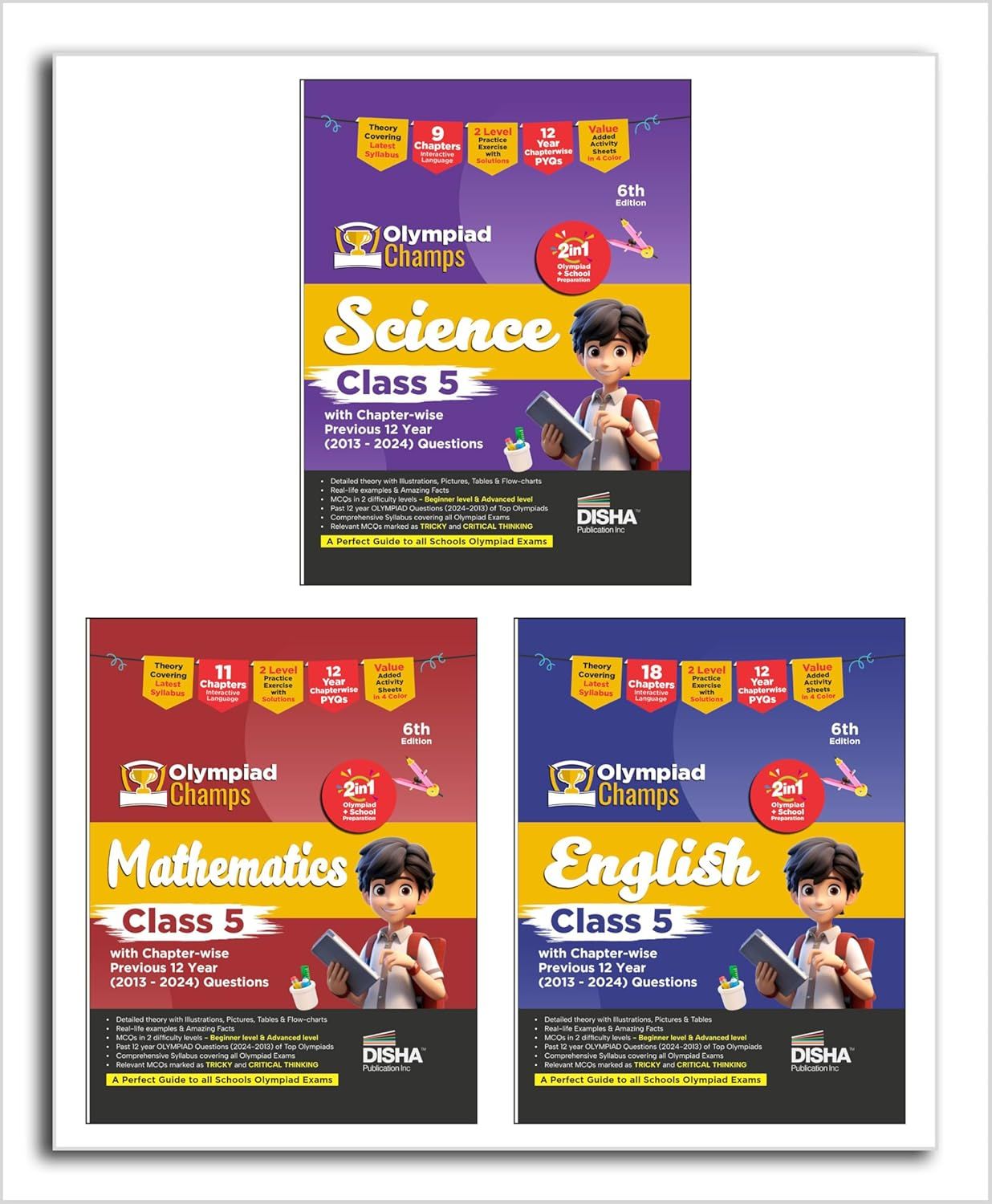 Disha Combo Class 5 (set of 3 books) Olympiad Champs Science, Mathematics & English with Chapter-wise Previous 12 Year (2024 - 2013) Questions 6th Edition