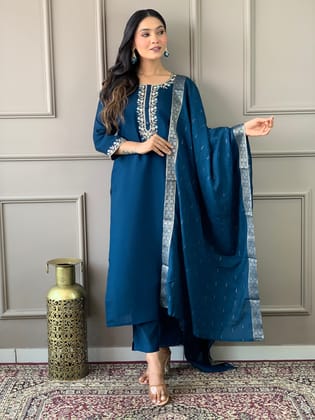 Floral Embroidered Straight Kurta With Trousers & Dupatta-S