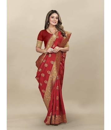 Gazal Fashions Banarasi Silk Embellished Saree With Unstitched Blouse Piece ( Red )