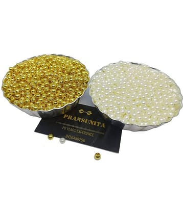 PRANSUNITA - Plastic 1500 Pcs Off White & Golden Acrylic Round Pearl Loose Beads ( Pack of 1 )