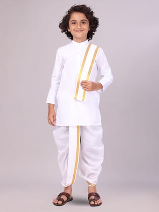 Boys Cotton White Kurta Readymade Panchakacham Towel Combo with Gold Jari Border Sarman-Kids 01 - 02 Yrs / White