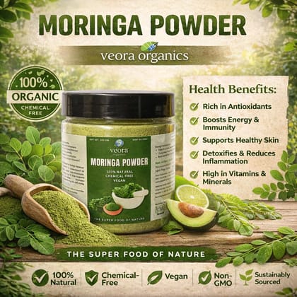 Veora Organics Moringa Powder | 100% Natural Shade-Dried Moringa Leaf Powder | Chemical-Free Vegan Superfood | Rich in Nutrients & Antioxidants | Herbal Supplement for Health & Immunity | 200g