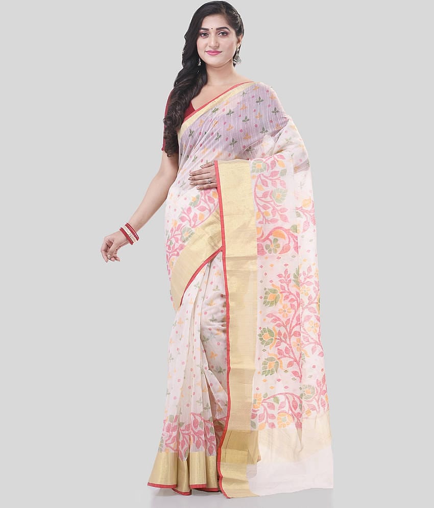 Desh Bidesh Cotton Blend Self Design Saree With Unstitched Blouse Piece ( White )