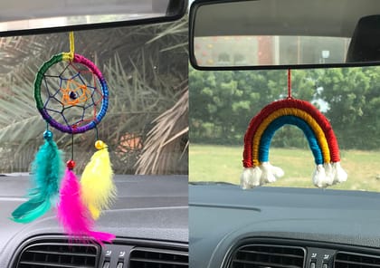 The brown box Car Mirror Hanging Accessories,Combo of Macrame Rainbow and Evil Eye Dream Catcher