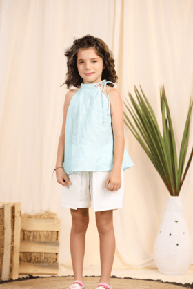 Halter Neck Knot Detail Blue Top and Flap Shorts-6-12 months