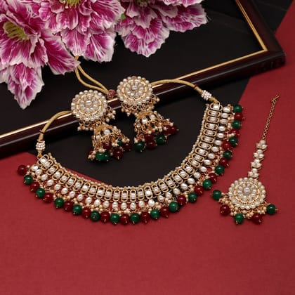 Maroon & Green Color Choker Kundan Necklace Set (KN1312MG)-Adjustable Rope / Maroon / Alloy With Good Quality Gold Plated