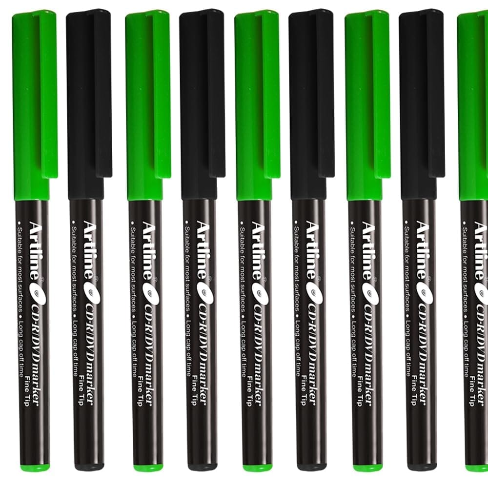 Artline CDR/DVD Marker Black Pack of 10 X 3 Packs, Green Pack of 10 X 2 Packs (50 DVD's Markers) | On Multiple Surface: Metal, Plastic/OHP, Glass/Porcelain & Carton