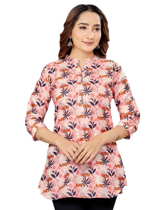 Women's Cotton Blend Mandarin Collar 3/4 Sleeves Short Top (Pink-Navy Blue, S)-PID56235