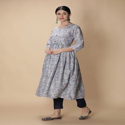 Cotton Slub Floral Printed Anarkali Women Kurta (Light Blue)