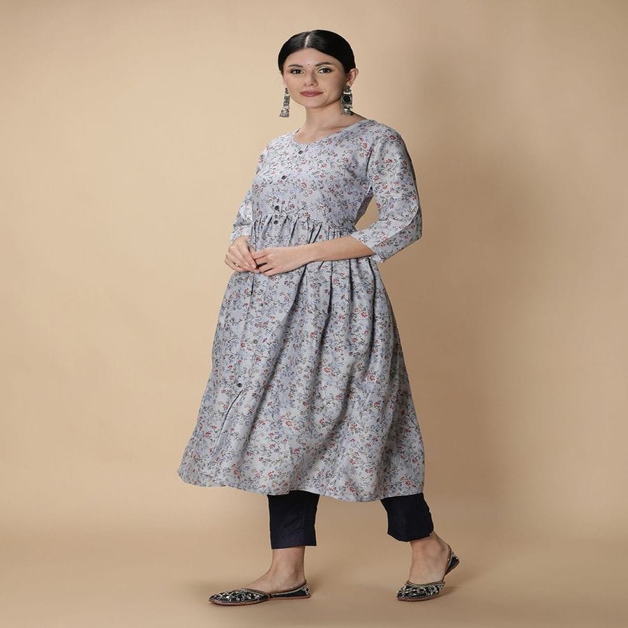 Cotton Slub Floral Printed Anarkali Women Kurta (Light Blue)