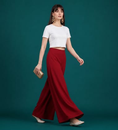 Generic Women's Georgette Solid Mid-Rise Wide Leg Flared Palazzo Pants with Elastic Waist, Ankle Length Trousers for Daily, Office and Casual Wear (Maroon, L, Pack of 1, Design 67555) Generic Women's Georgette Solid Mid-Rise Wide Leg Flared Palazzo Pants with Elastic Waist, Ankle Length Trousers for Daily, Office and Casual Wear (Maroon, L, Pack of 1, Design 67555)