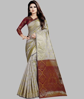 Gazal Fashions Banarasi Silk Embellished Saree With Unstitched Blouse Piece ( Maroon,Beige )