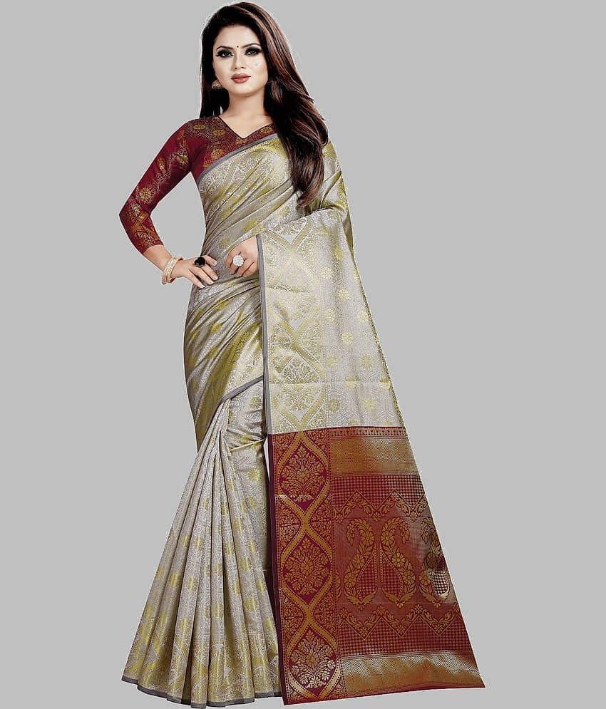 Gazal Fashions Banarasi Silk Embellished Saree With Unstitched Blouse Piece ( Maroon,Beige )