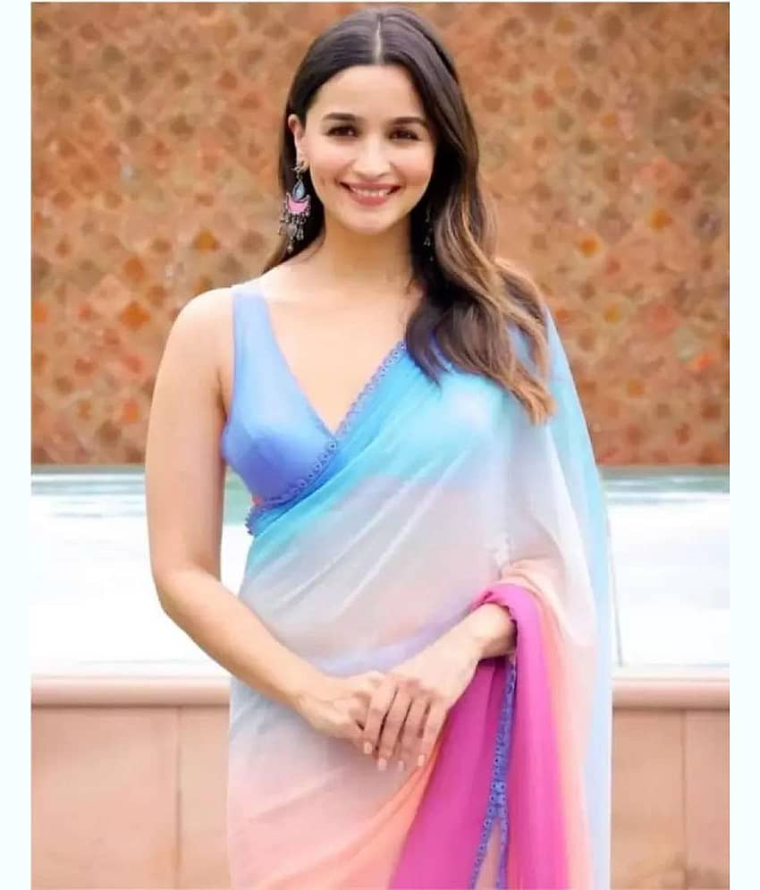 Any Fab Georgette Solid Saree With Unstitched Blouse Piece ( Multicolor )