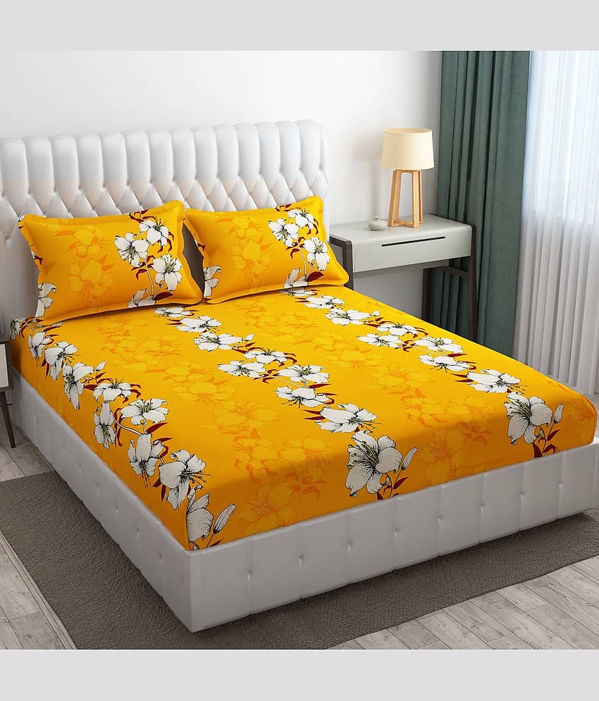 SHOMES Cotton Floral Fitted 1 Bedsheet with 2 Pillow Covers ( Double Bed ) - Yellow