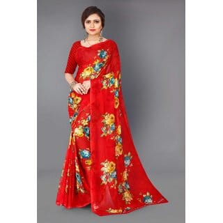 SVB Sarees Womens Red Colour Georgette Printed Saree With Blouse Piece