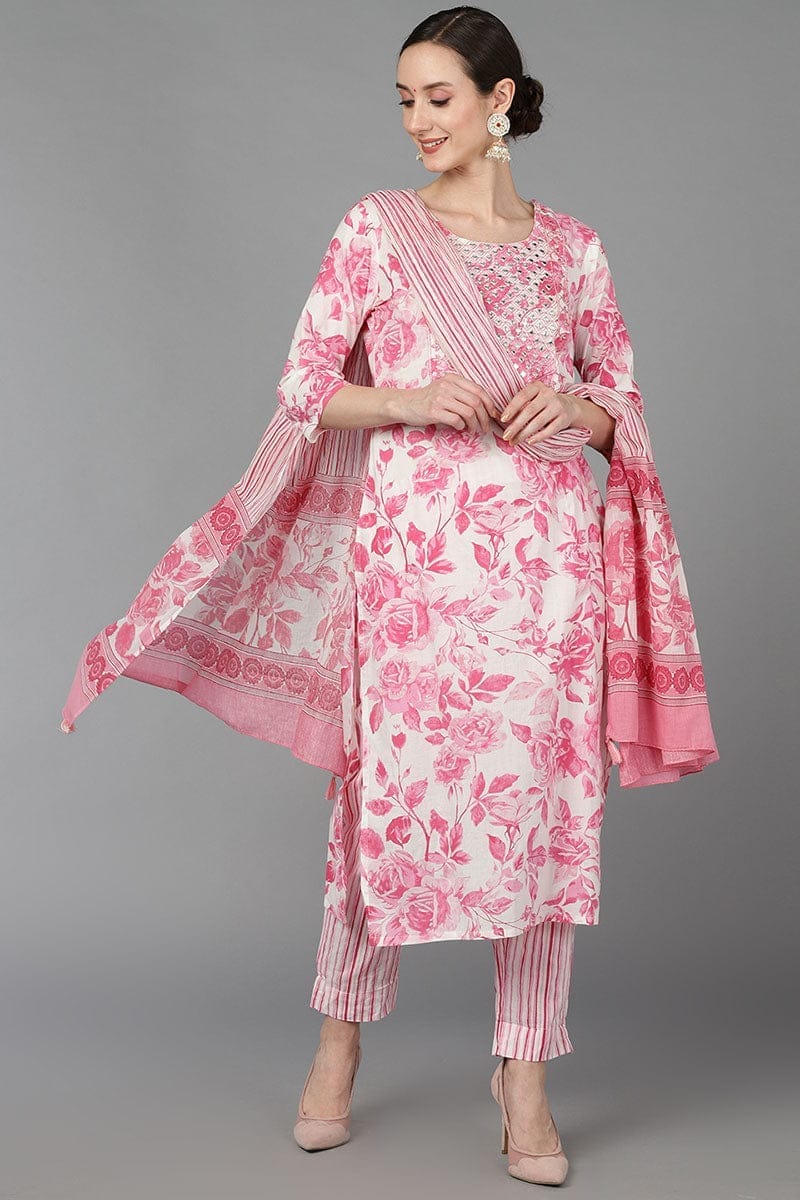 Pink Pure Cotton Floral Straight Kurta Trousers With Dupatta VKSKD1489