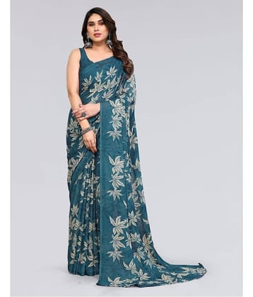 Samah Georgette Printed Saree With Unstitched Blouse Piece ( Sea Green )