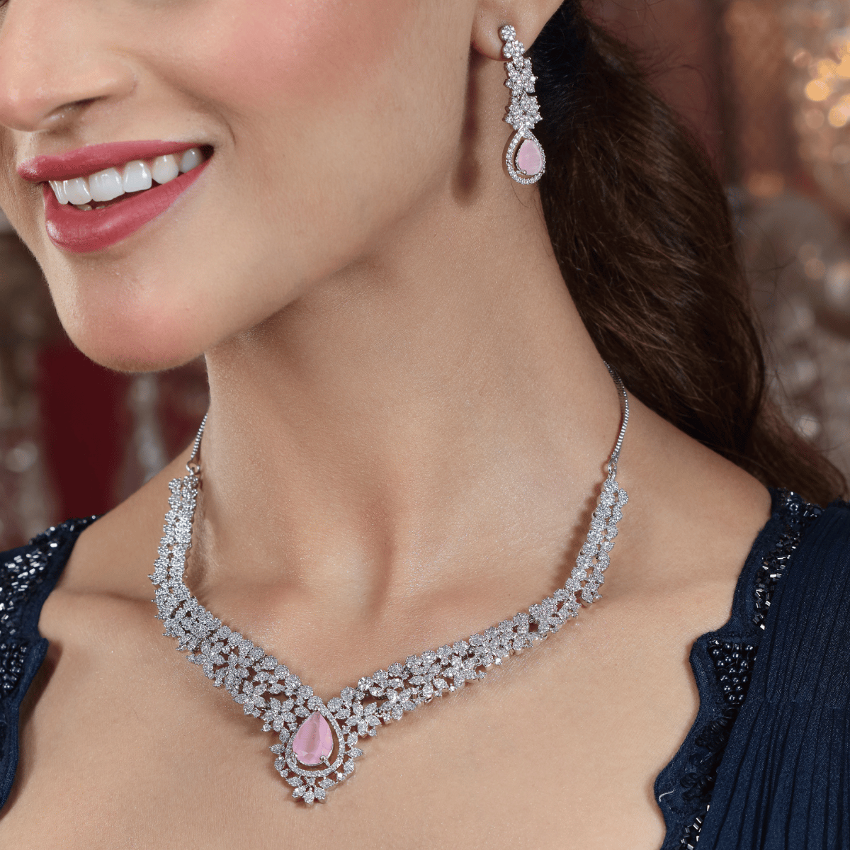 AD tear drop Pink stone necklace set with earrings