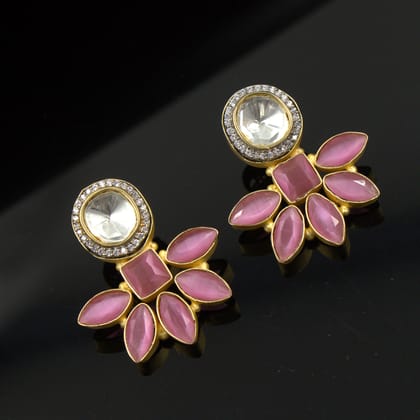 Ethnic Pink flowers Kundan Stud Danglers
