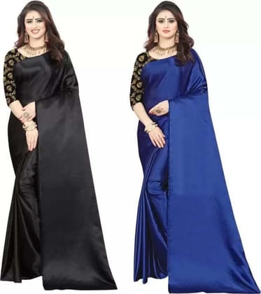 ANSH Womens Satin Solid Saree length (5.5m) & Blouse Piece Size (0.8m) (Black & Dark Blue)