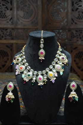 Multi colour kundan necklace with Earring & Maang Tikka-One Size
