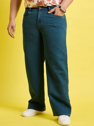 Men Plus Size Scroll-Ocean Blue Solid Jeans - 5XL