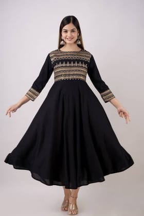 Women Embroidered Viscose Rayon Flared Kurta  (Black)