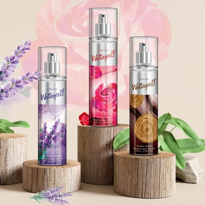 Layer'r Wottagirl Lavender Breeze, Exotic Rose, Sandal Bliss Liquid Body Splash Long Lasting Fragrance Combo Pack Of 3 (For Women 135Ml Each)