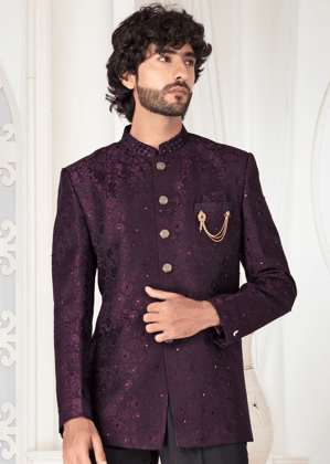 Wine Floral Jacquard Jodhpuri Suit