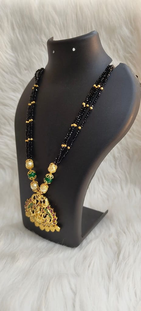 Black Beads Necklace with Golden Pendant