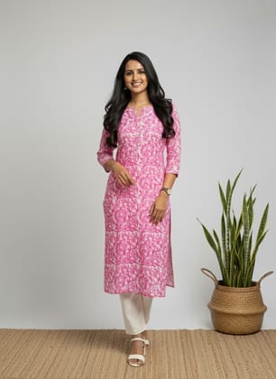 Rivaaj Ethnic Jyothi Handblock Print Kurta (Pink, XL) | Pure Cotton Straight Fit | Traditional Ethnic Wear | Round Neck & 3/4 Sleeves