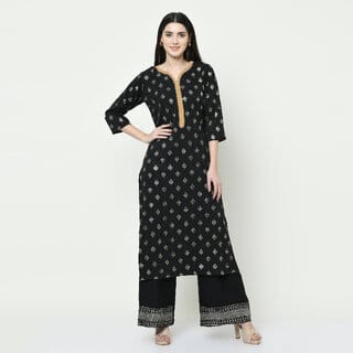 SVB Solid Black Colour Party Wear Foil Print Kurtis With Plazzo