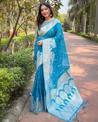 Satrangi Re Organza Silk Zari Woven Dodger Blue Saree