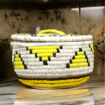 Handcrafted Sabai Grass Handmade Multi-Use Chapati & Roti Hot Box / Bread Basket / Storage Box / Casserole Dish for Kitchen (24x9x7 inch) - Lemon Yellow , Black & Off White