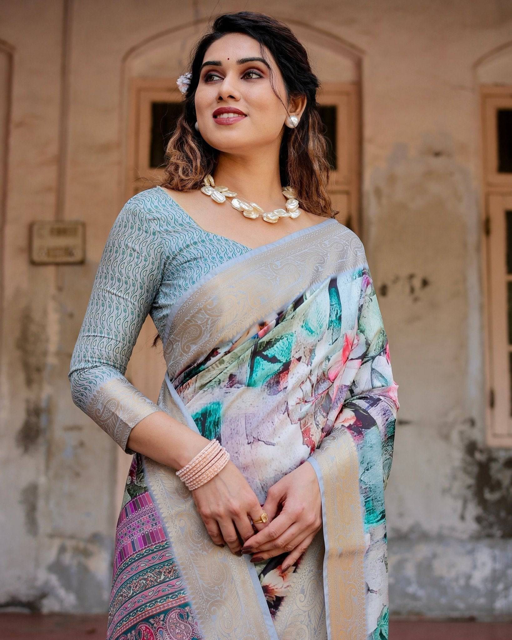 Graceful Floral Digital Print Saree with Gold Paisley Border and Multicolor Pallu-Regular