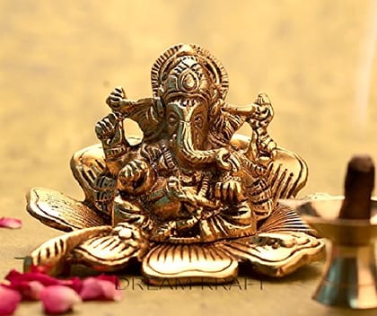 DreamKraft Metal Ganesh on Gold Color Leaf (11 cm x 10 cm x 9 cm)