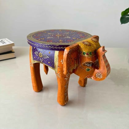 Orange Handpainted Wooden Elephant Stool