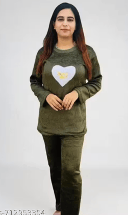 Stylish fleece Nightsuit with heart print.
