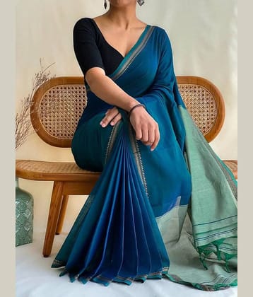 SARADA HANDLOOM Cotton Solid Saree With Unstitched Blouse Piece ( Blue )