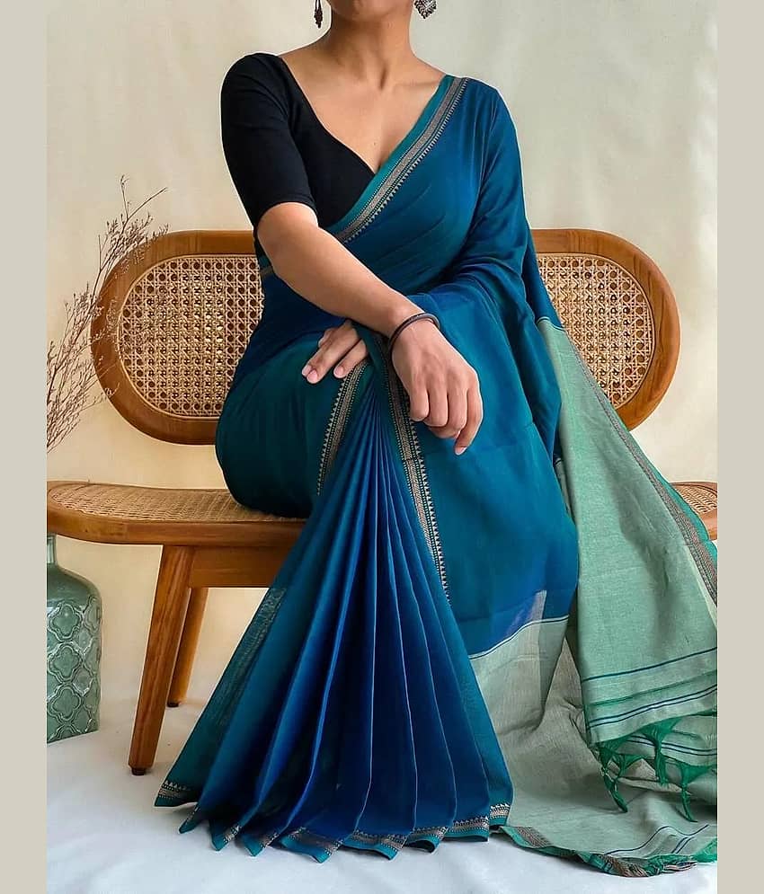 SARADA HANDLOOM Cotton Solid Saree With Unstitched Blouse Piece ( Blue )