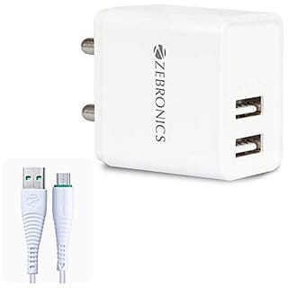 ZEBRONICS Zeb-MA5223 USB Charger Adapter with 1 Metre Micro USB Cable 2 USB Ports 2.4A Output for Mobile Phone/Tablets (White)_373clone.