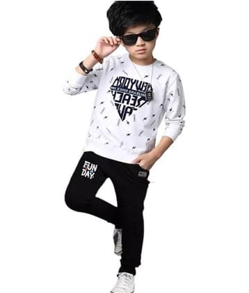 ATLANS CLOTHES Pack of 1 Boys Cotton Blend T-Shirt & Trackpants Set ( White )